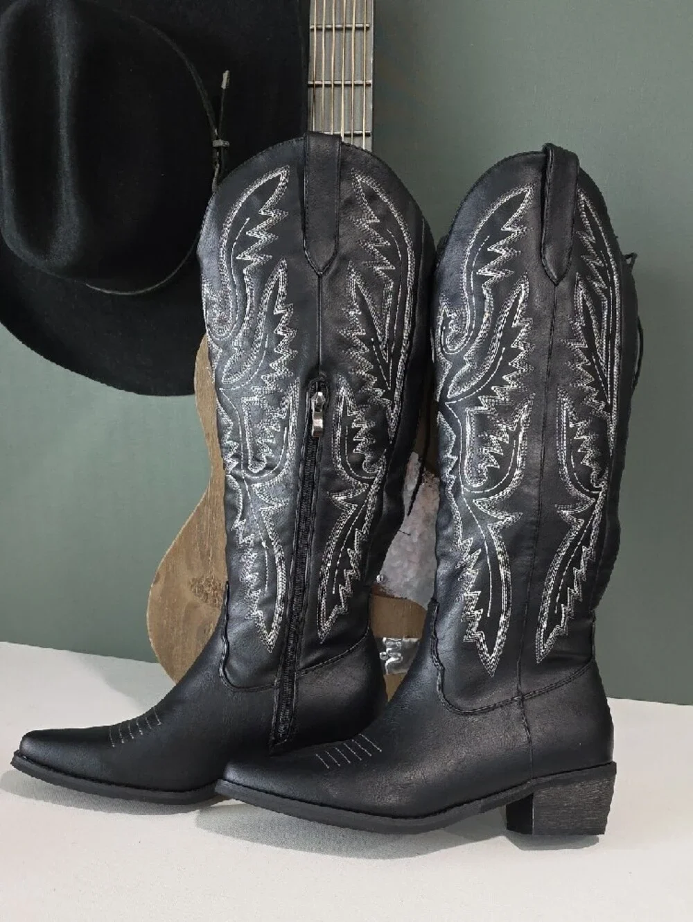 Onlymaker Black Embroidered Cowboy Boots Knee High Western Cowgirl Sz 9